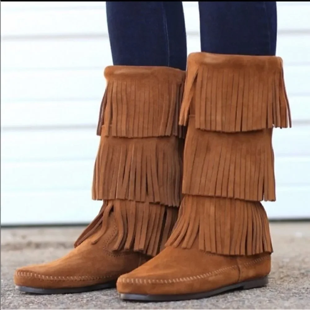Minnetonka 1638 Calf Hi 3-Layer Fringe Brown Boots size 6